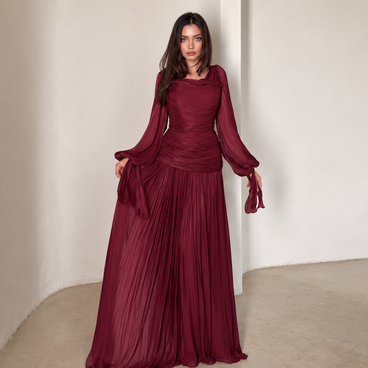 2026 New Arrival Solid Color Long-Sleeve Dress for Women, High Neck Pleated Long Dress