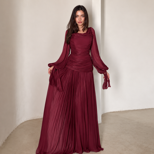 2026 New Arrival Solid Color Long-Sleeve Dress for Women, High Neck Pleated Long Dress