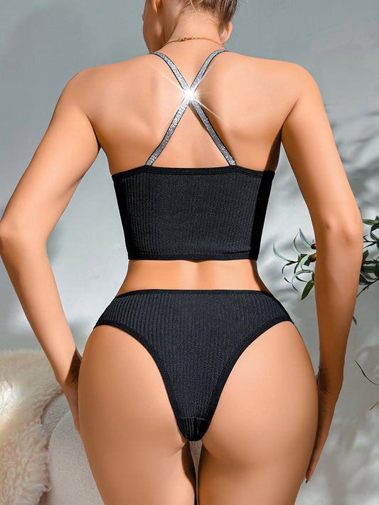 Hot women set 2 pcs mixed with silver straps Cotton set high waist panty and crop top bra