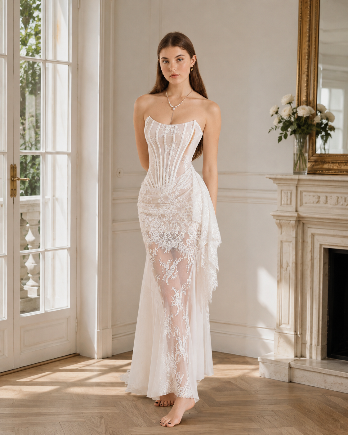 Lace Strapless Evening Dress Woman Sexy See Through Fishbones Maxi Dress Elegant Slim Female Fashion Party Dress