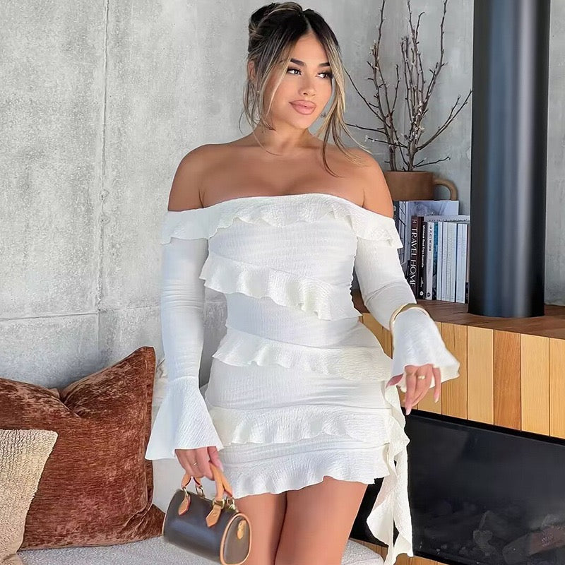 Sexy Fashion Lace Pleat Off-the-shoulder Mini Dress