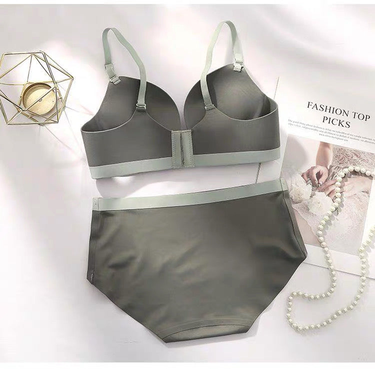 Women’s Seamless Wireless Bra and Panty Set Smooth Molded Cup Adjustable Straps Wide Contrast Underband Matching Mid Rise Brief Lingerie Set