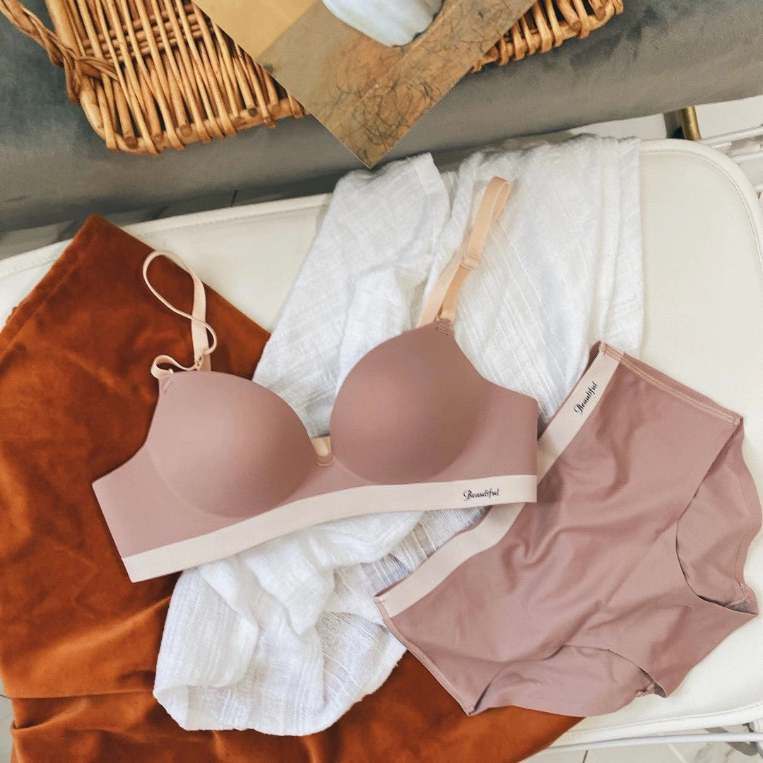 Women’s Seamless Wireless Bra and Panty Set Smooth Molded Cup Adjustable Straps Wide Contrast Underband Matching Mid Rise Brief Lingerie Set