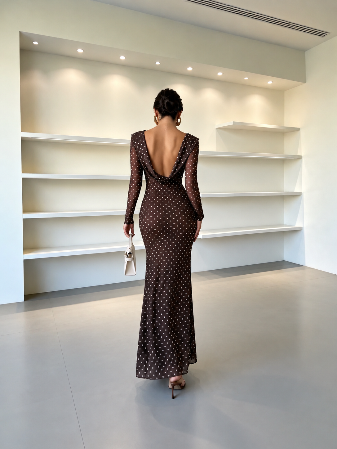 Women’s Elegant Polka Dot Maxi Dress Sheer Long Sleeves Draped Boat Neck Fitted Waist Slim Fit Floor Length Evening Party Dress