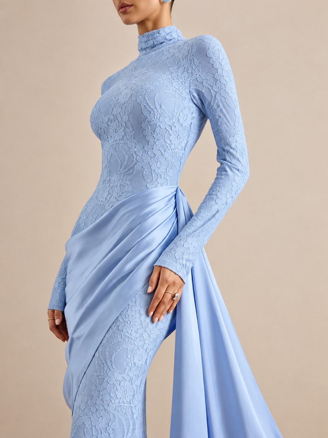 High Neck Long Sleeve Lace Splice Satin Tight Bodycon Maxi Long Casual Dress With Long Ribbon Fall 2026 Trendy Women Clothes