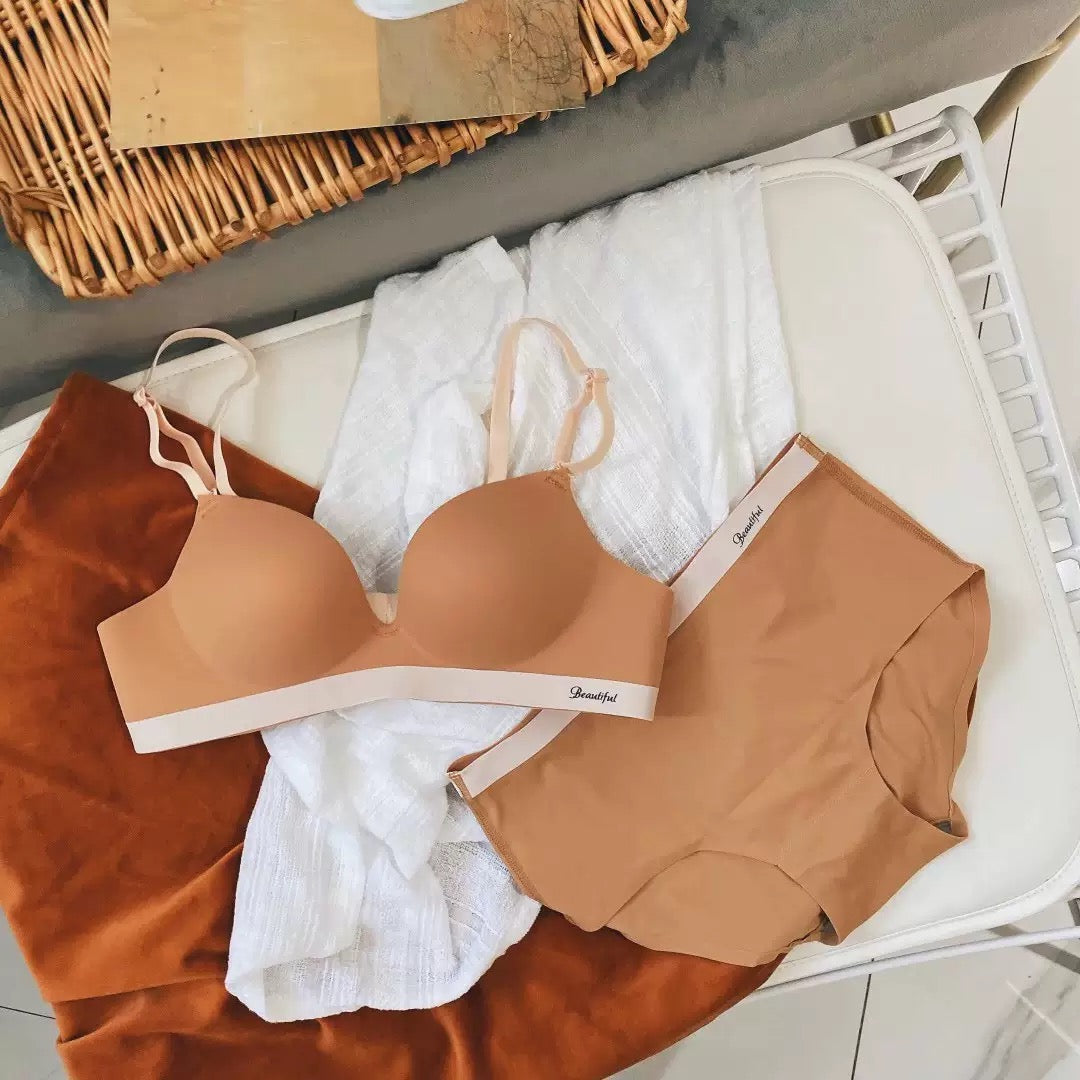 Women’s Seamless Wireless Bra and Panty Set Smooth Molded Cup Adjustable Straps Wide Contrast Underband Matching Mid Rise Brief Lingerie Set