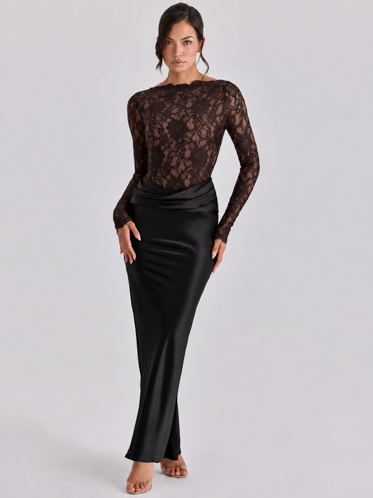 Women’s Elegant Floral Lace and Satin Maxi Dress Long Sleeve Sheer Lace Bodice Draped Waist Slim Fit Floor Length Evening Occasion Gown