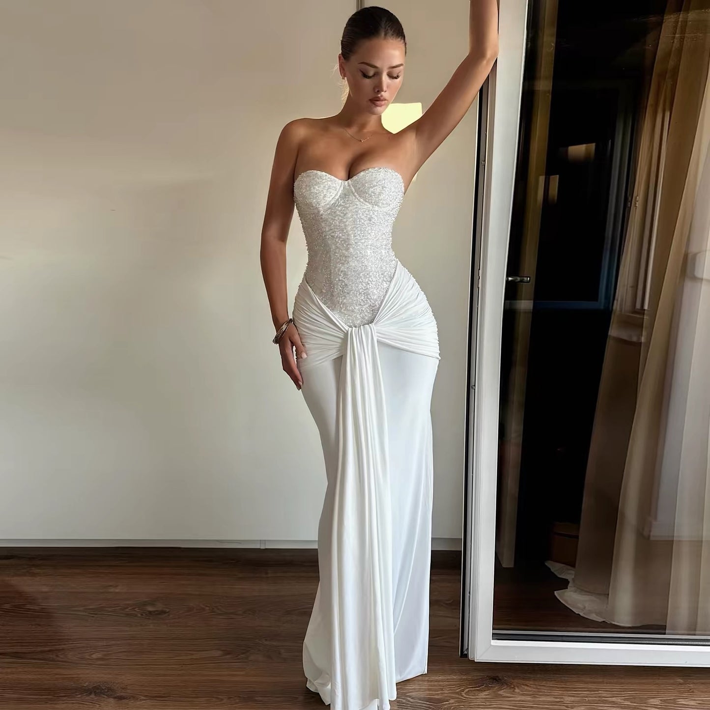 Women's Dress Fashion Backless Solid Slim Long Elegant Evening Dress Summer Ribbon Sequin Nightclub Sexy Cocktail Party Dresses
