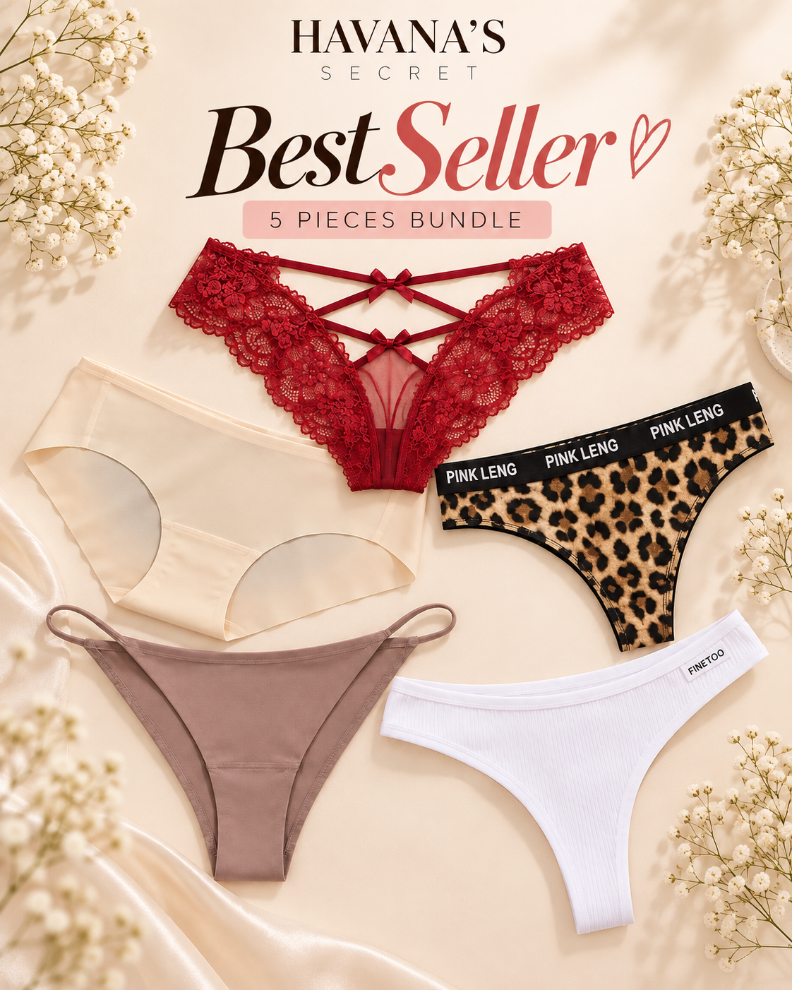 Women’s 5-Piece Best Seller Panty Bundle with Lace, Seamless, Leopard Print, Ribbed and Minimal-Coverage Everyday Underwear Styles