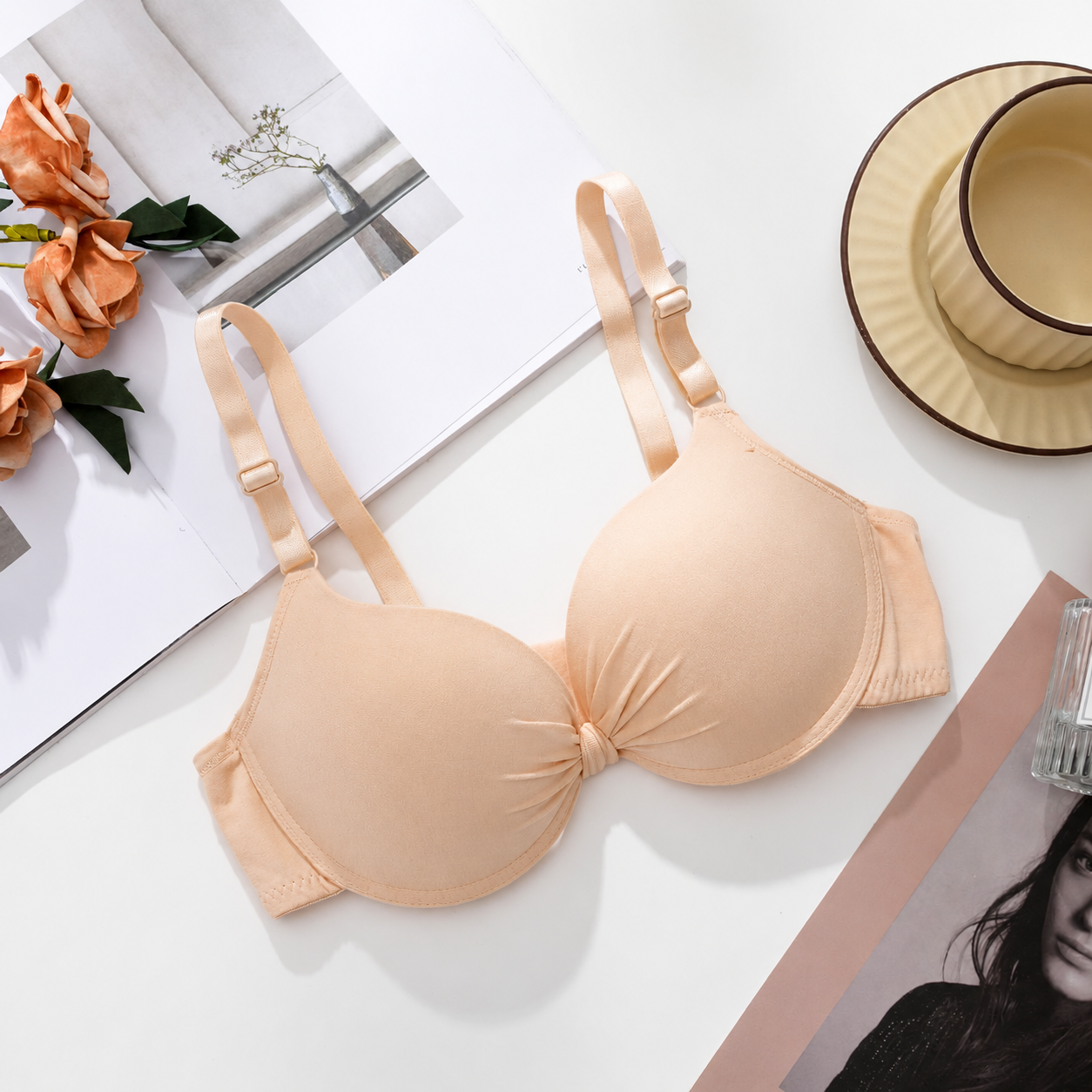 Sexy Women Cotton Gathered Bra Deep V Underwire Ladied  Brassiere Push Up Lingerie Solid Bras Backless Intimate Underwear