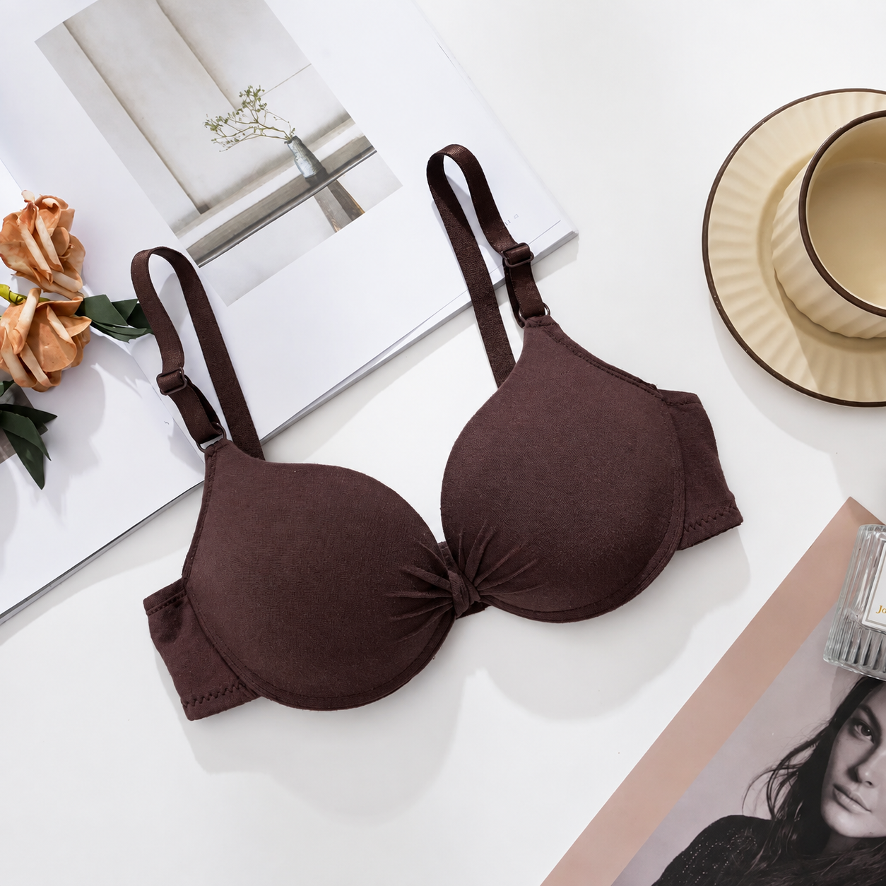 Sexy Women Cotton Gathered Bra Deep V Underwire Ladied  Brassiere Push Up Lingerie Solid Bras Backless Intimate Underwear