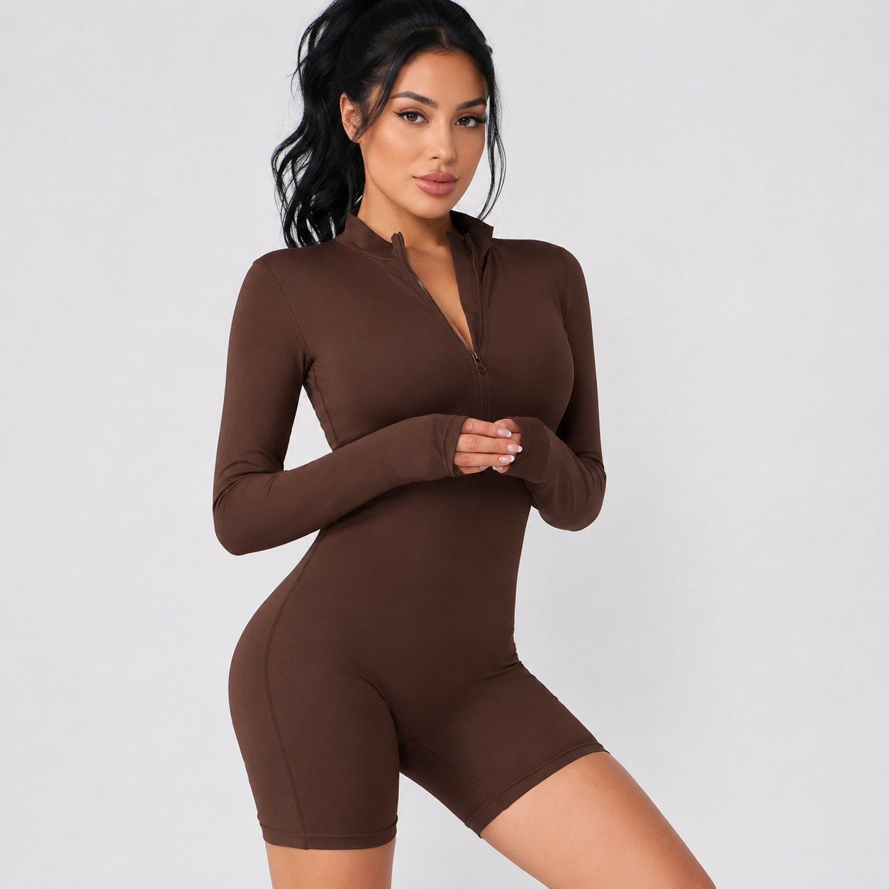 Women Long Sleeve Pilates Sports Bodysuit Front Zipper One-Piece Yoga Tight Jumpsuit for Sports Fitness
