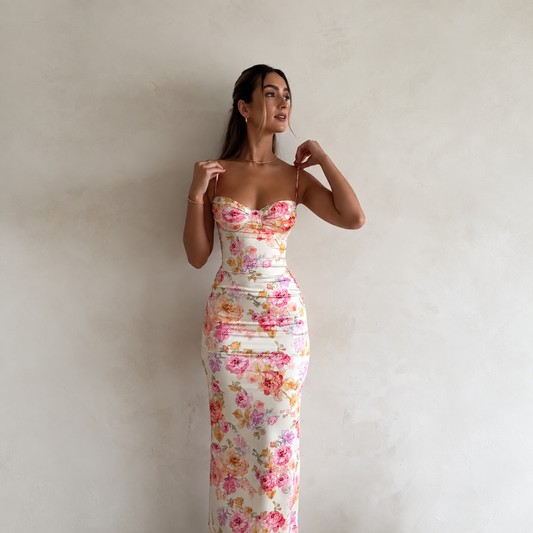 Ivory Floral Print Ruched Maxi Dress with Sweetheart Bust, Delicate Spaghetti Straps, Fitted Bodycon Silhouette and Romantic Pink Rose Pattern