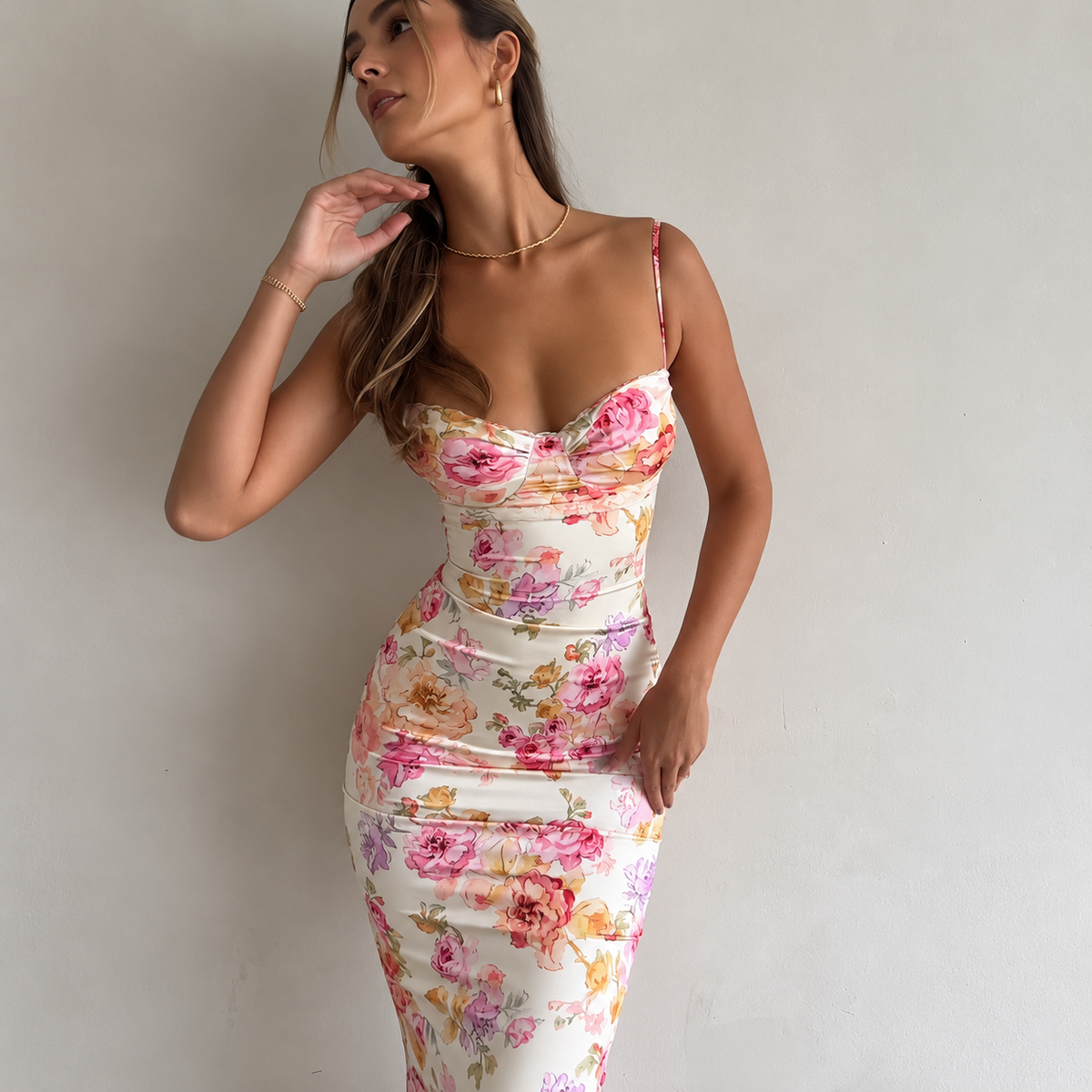 Ivory Floral Print Ruched Maxi Dress with Sweetheart Bust, Delicate Spaghetti Straps, Fitted Bodycon Silhouette and Romantic Pink Rose Pattern