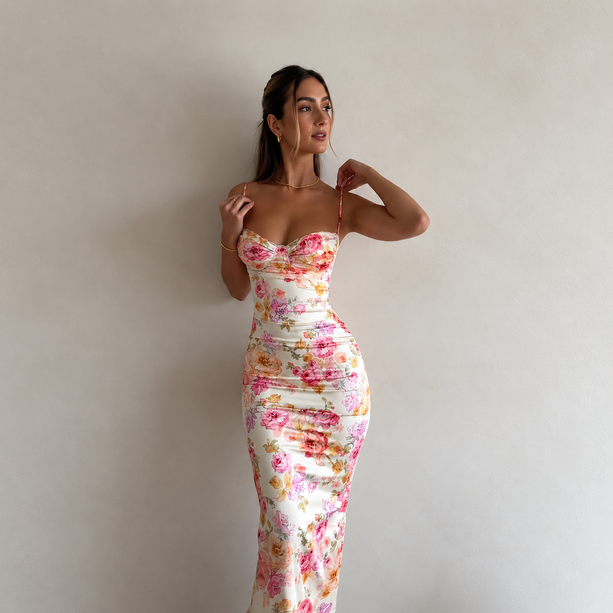 Ivory Floral Print Ruched Maxi Dress with Sweetheart Bust, Delicate Spaghetti Straps, Fitted Bodycon Silhouette and Romantic Pink Rose Pattern