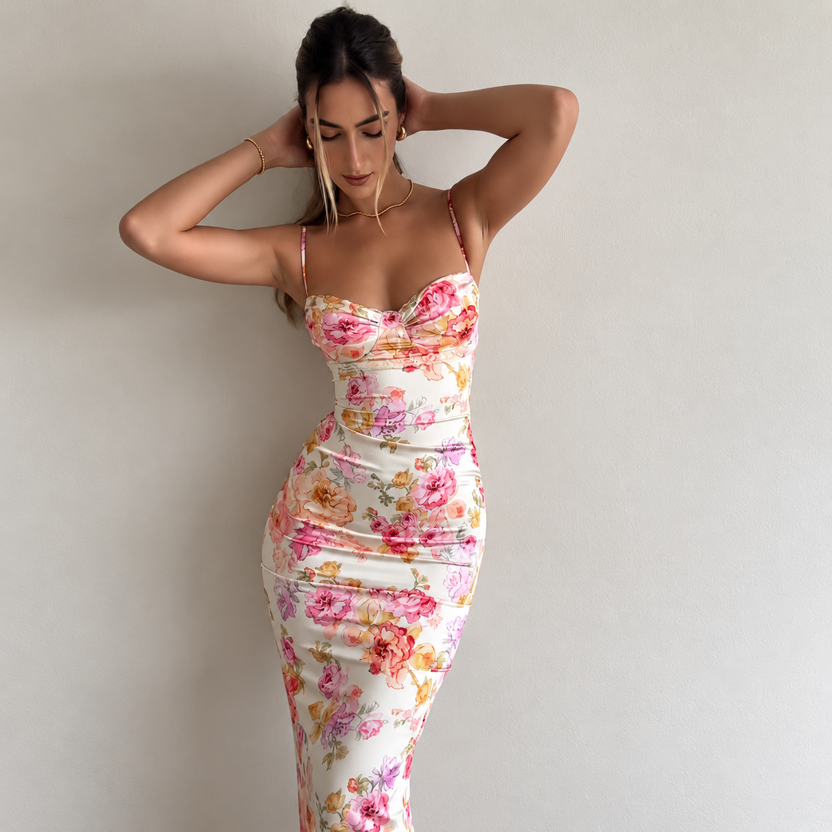 Ivory Floral Print Ruched Maxi Dress with Sweetheart Bust, Delicate Spaghetti Straps, Fitted Bodycon Silhouette and Romantic Pink Rose Pattern