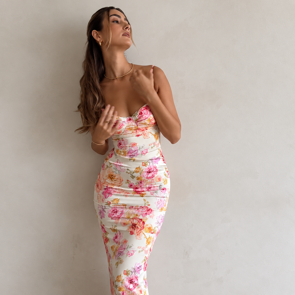 Ivory Floral Print Ruched Maxi Dress with Sweetheart Bust, Delicate Spaghetti Straps, Fitted Bodycon Silhouette and Romantic Pink Rose Pattern