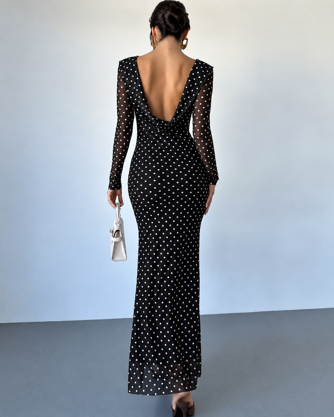 Women’s Elegant Polka Dot Maxi Dress Sheer Long Sleeves Draped Boat Neck Fitted Waist Slim Fit Floor Length Evening Party Dress