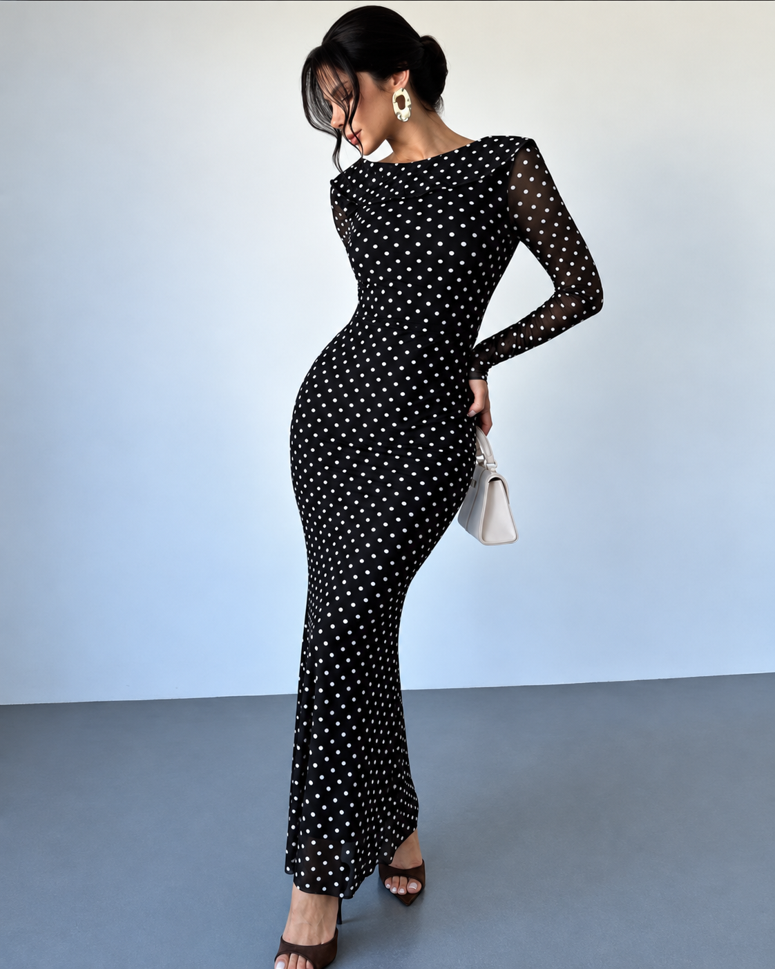 Women’s Elegant Polka Dot Maxi Dress Sheer Long Sleeves Draped Boat Neck Fitted Waist Slim Fit Floor Length Evening Party Dress