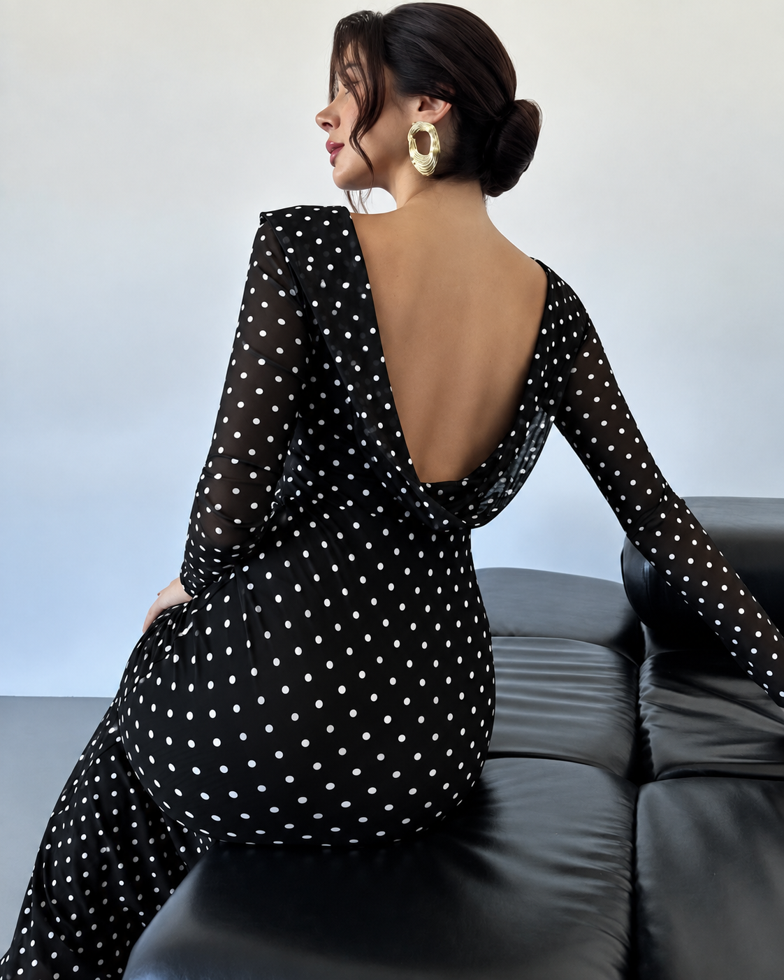 Women’s Elegant Polka Dot Maxi Dress Sheer Long Sleeves Draped Boat Neck Fitted Waist Slim Fit Floor Length Evening Party Dress