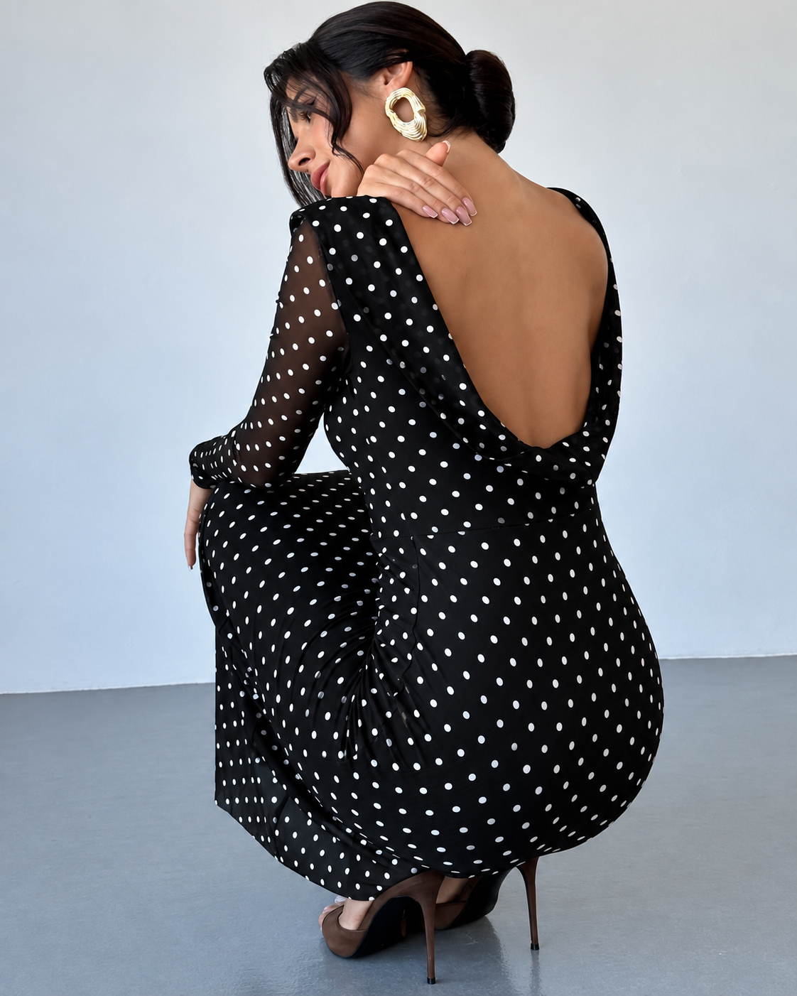 Women’s Elegant Polka Dot Maxi Dress Sheer Long Sleeves Draped Boat Neck Fitted Waist Slim Fit Floor Length Evening Party Dress