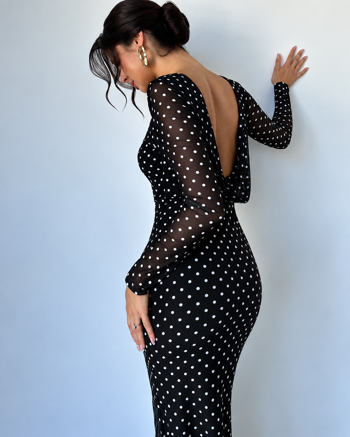 Women’s Elegant Polka Dot Maxi Dress Sheer Long Sleeves Draped Boat Neck Fitted Waist Slim Fit Floor Length Evening Party Dress