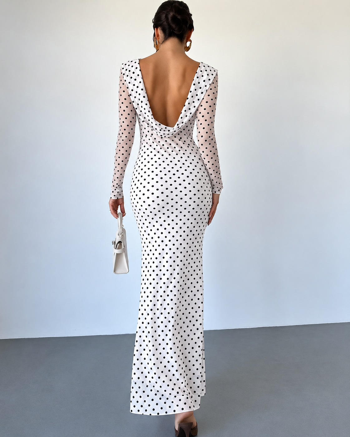 Women’s Elegant Polka Dot Maxi Dress Sheer Long Sleeves Draped Boat Neck Fitted Waist Slim Fit Floor Length Evening Party Dress