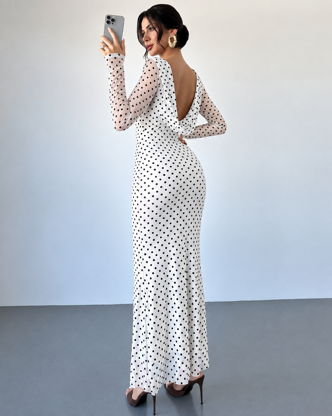 Women’s Elegant Polka Dot Maxi Dress Sheer Long Sleeves Draped Boat Neck Fitted Waist Slim Fit Floor Length Evening Party Dress