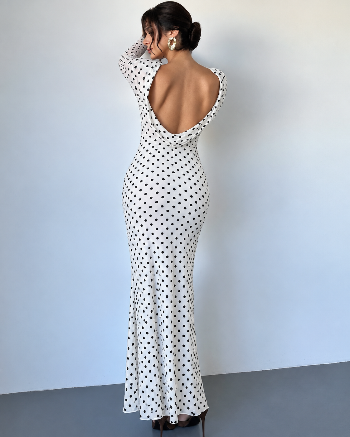 Women’s Elegant Polka Dot Maxi Dress Sheer Long Sleeves Draped Boat Neck Fitted Waist Slim Fit Floor Length Evening Party Dress
