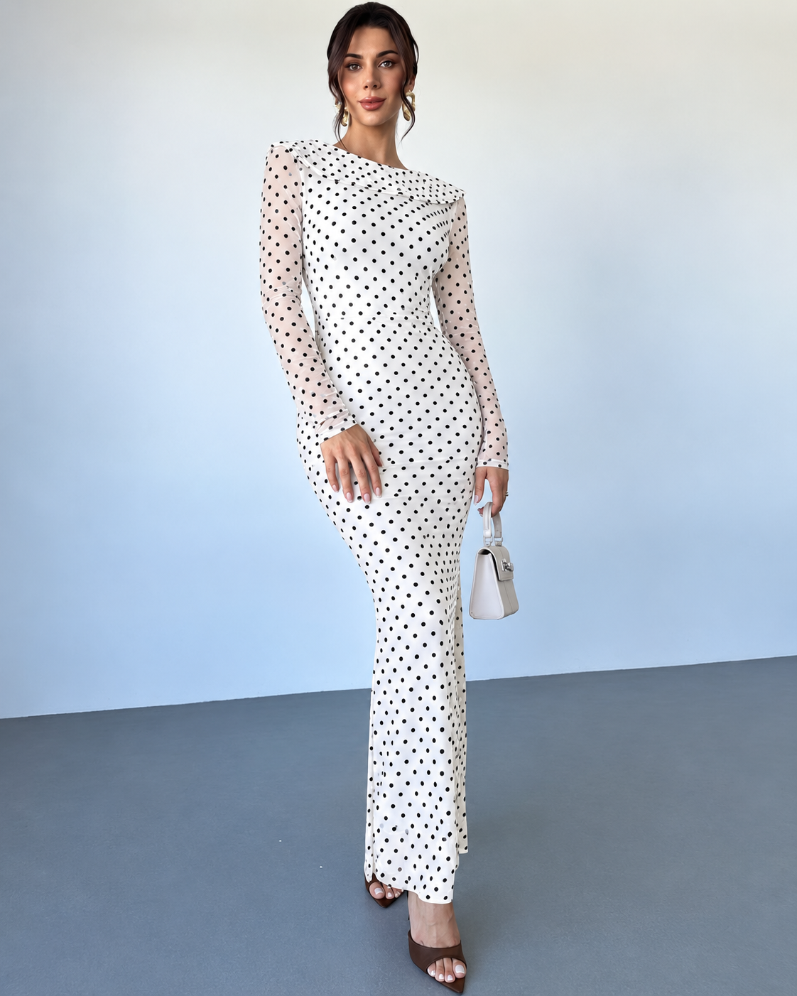 Women’s Elegant Polka Dot Maxi Dress Sheer Long Sleeves Draped Boat Neck Fitted Waist Slim Fit Floor Length Evening Party Dress