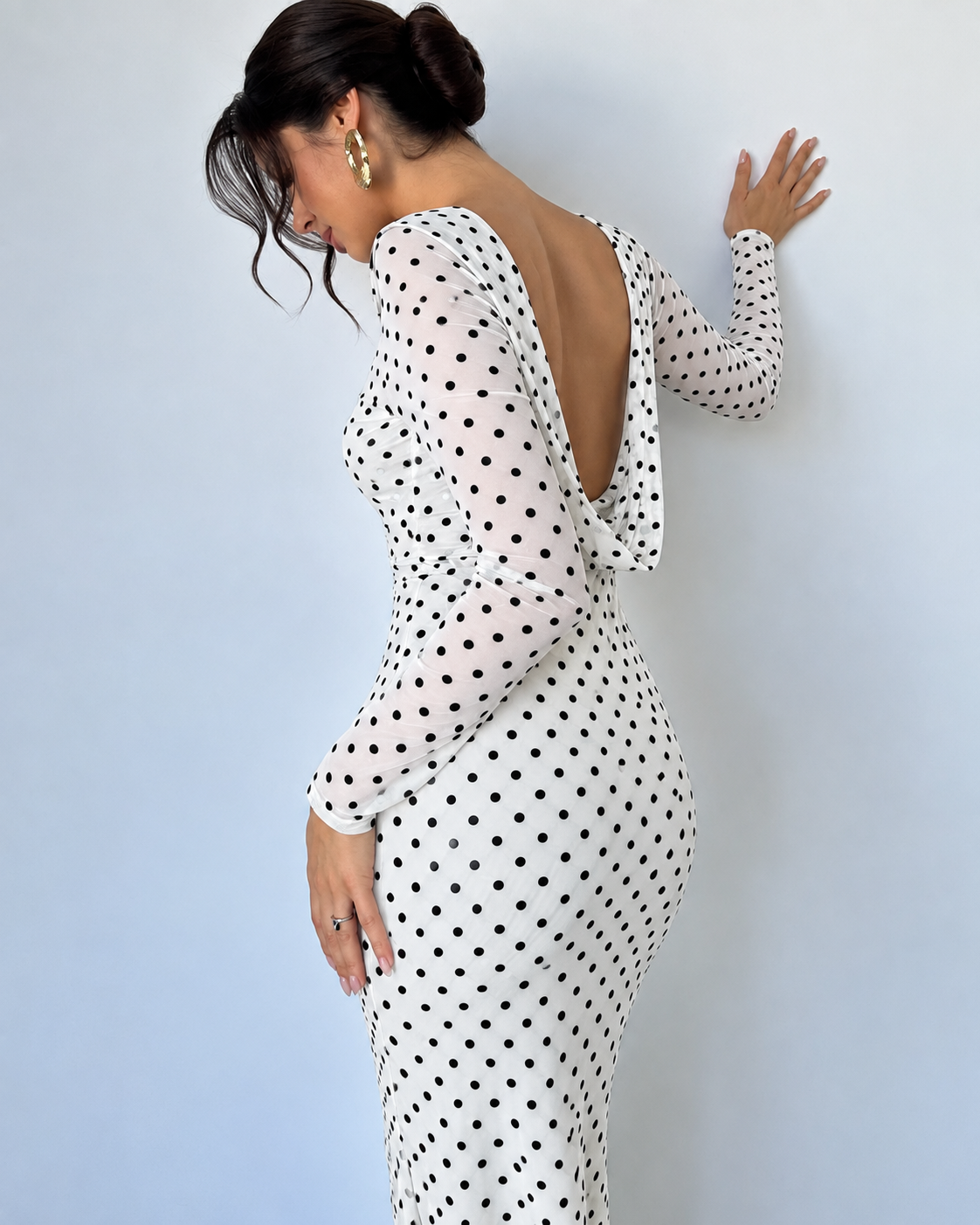 Women’s Elegant Polka Dot Maxi Dress Sheer Long Sleeves Draped Boat Neck Fitted Waist Slim Fit Floor Length Evening Party Dress