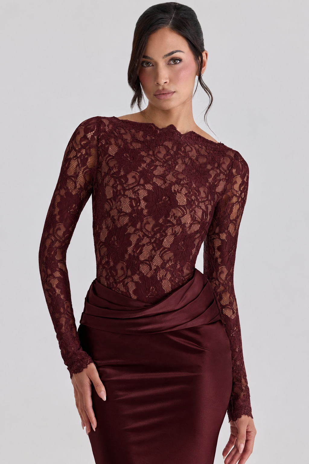 Women’s Elegant Floral Lace and Satin Maxi Dress Long Sleeve Sheer Lace Bodice Draped Waist Slim Fit Floor Length Evening Occasion Gown