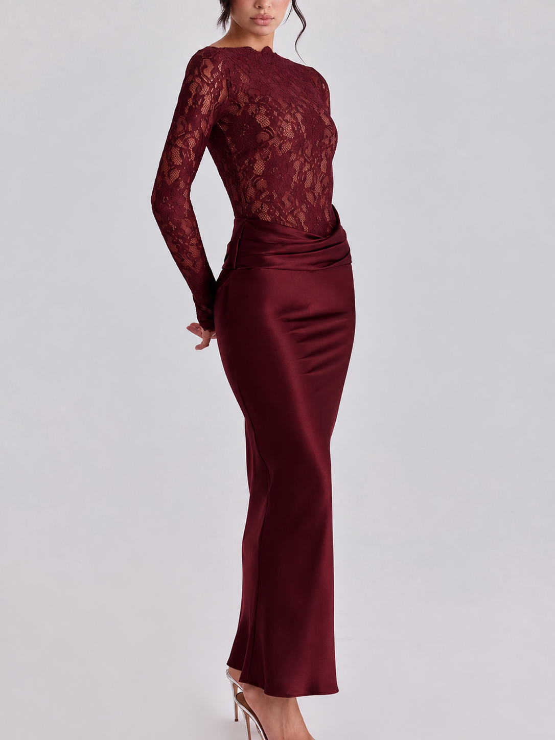 Women’s Elegant Floral Lace and Satin Maxi Dress Long Sleeve Sheer Lace Bodice Draped Waist Slim Fit Floor Length Evening Occasion Gown