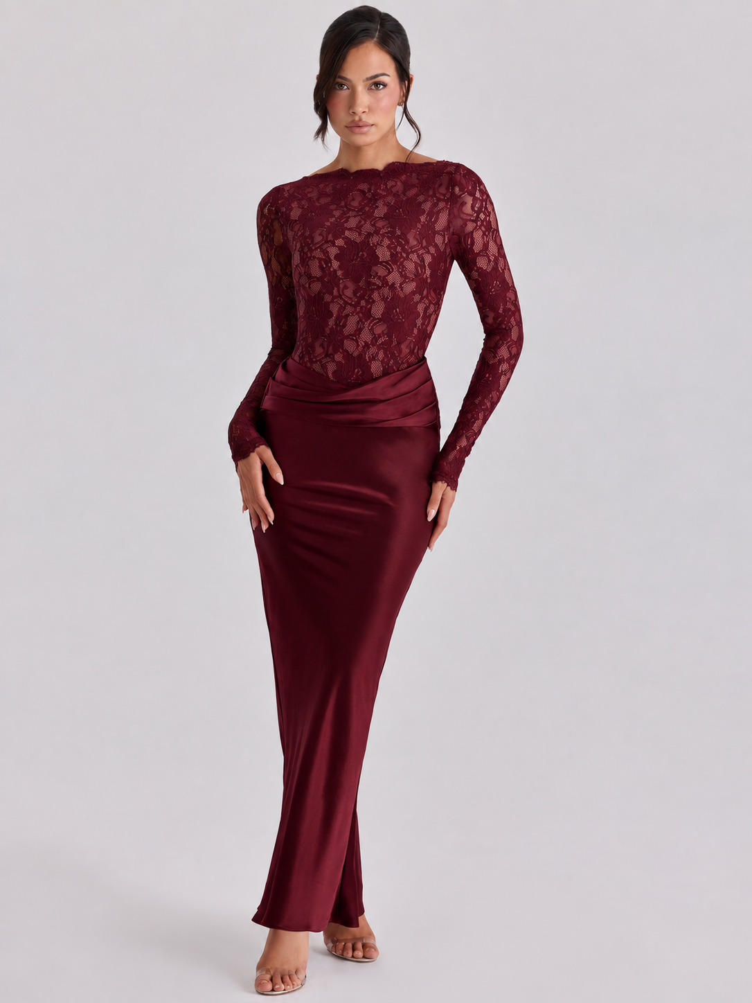 Women’s Elegant Floral Lace and Satin Maxi Dress Long Sleeve Sheer Lace Bodice Draped Waist Slim Fit Floor Length Evening Occasion Gown