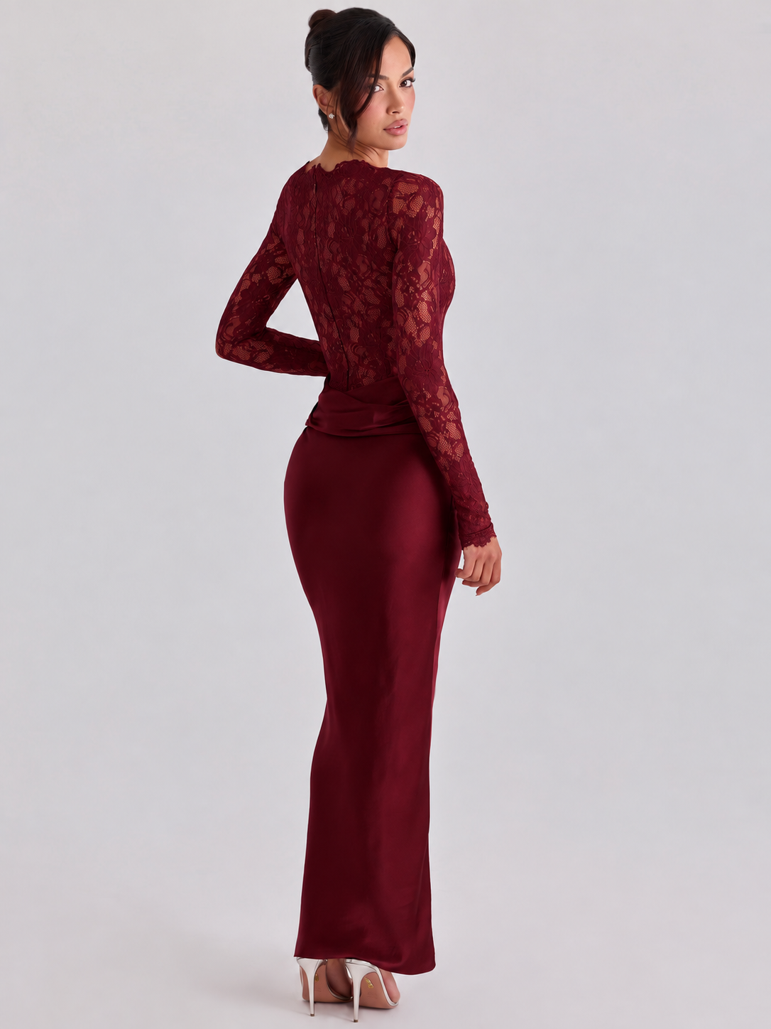 Women’s Elegant Floral Lace and Satin Maxi Dress Long Sleeve Sheer Lace Bodice Draped Waist Slim Fit Floor Length Evening Occasion Gown
