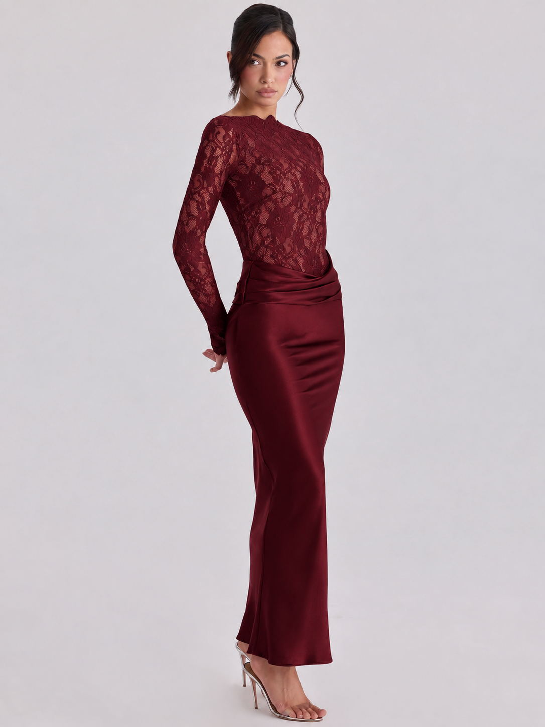 Women’s Elegant Floral Lace and Satin Maxi Dress Long Sleeve Sheer Lace Bodice Draped Waist Slim Fit Floor Length Evening Occasion Gown