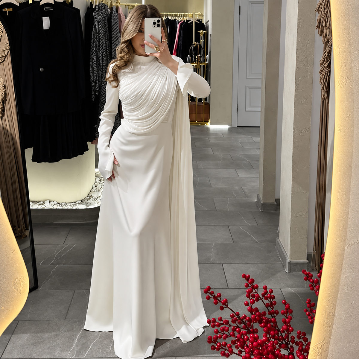 Women’s Elegant Draped Maxi Dress Asymmetric Pleated Bodice Long Flared Sleeves Fitted Waist Floor Length Formal Evening Occasion Gown