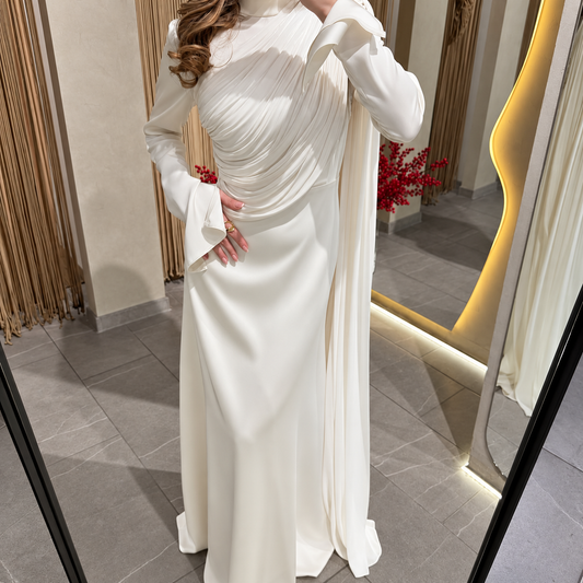 Women’s Elegant Draped Maxi Dress Asymmetric Pleated Bodice Long Flared Sleeves Fitted Waist Floor Length Formal Evening Occasion Gown