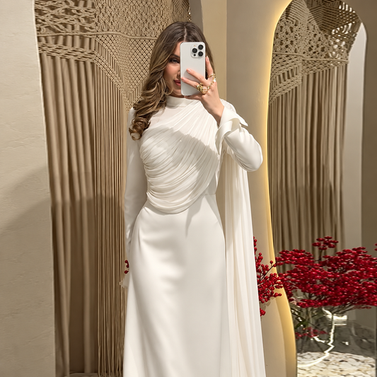 Women’s Elegant Draped Maxi Dress Asymmetric Pleated Bodice Long Flared Sleeves Fitted Waist Floor Length Formal Evening Occasion Gown