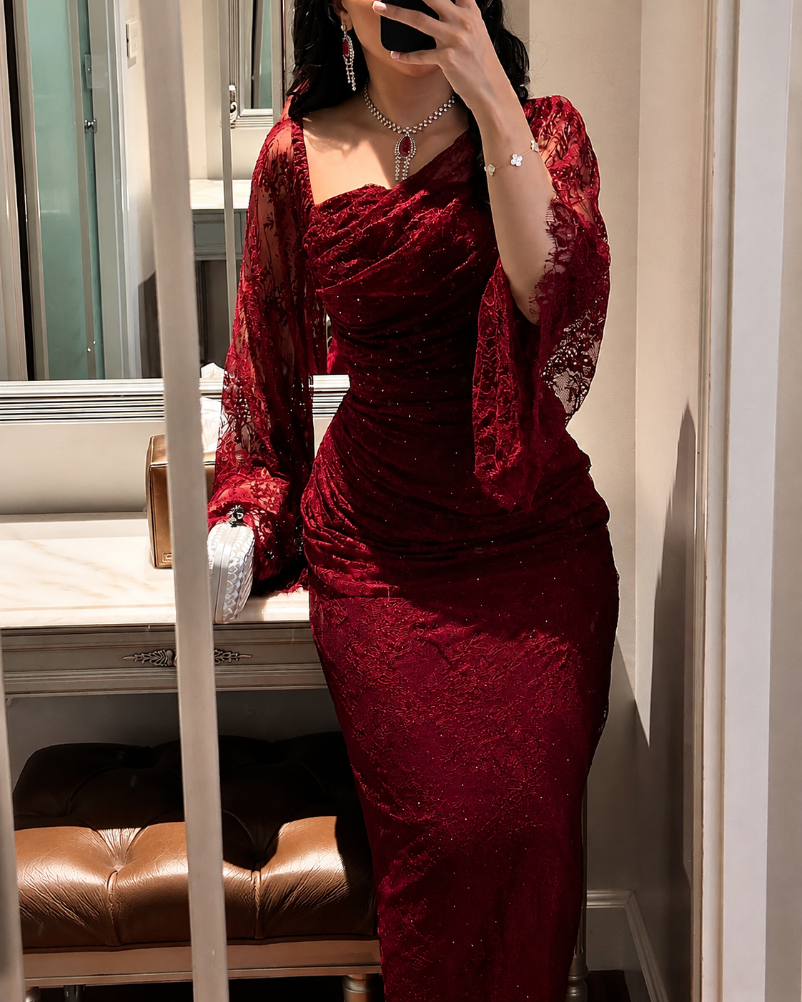 New Fashion Women's Wine Red Solid Color Elegant Casual Trendy Slim Lace Ankle Length Ceremonial Dress