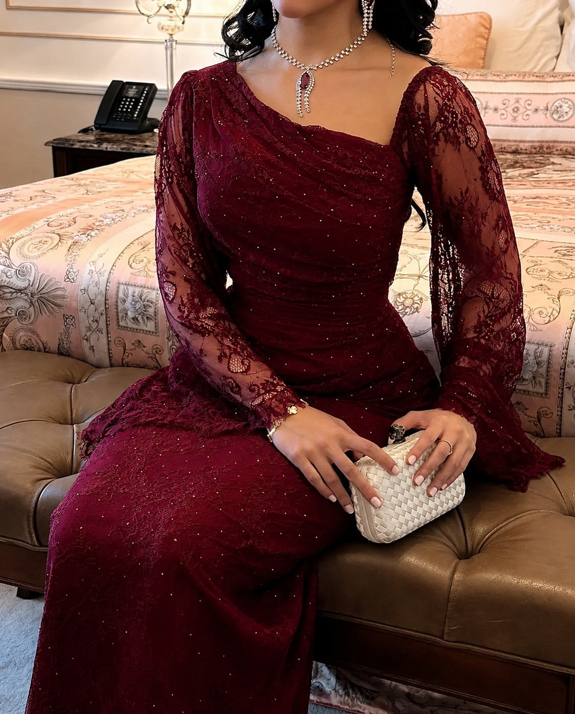 New Fashion Women's Wine Red Solid Color Elegant Casual Trendy Slim Lace Ankle Length Ceremonial Dress