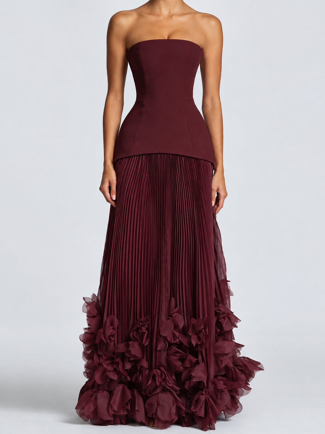 Women's Burgundy Strapless Evening Gown with Structured Corset-Inspired Bodice, Fitted Waist, Voluminous Pleated Tulle Maxi Skirt & Dramatic 3D Floral Appliqué Hemline