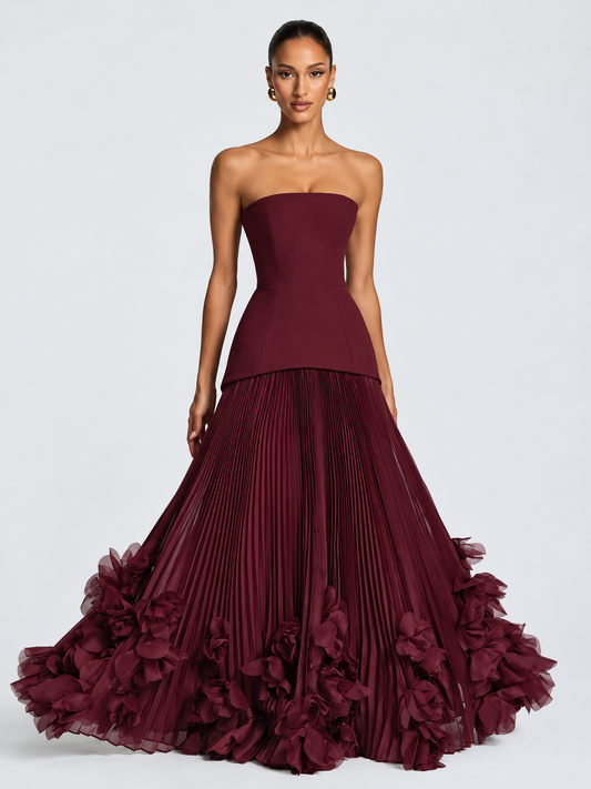 Women's Burgundy Strapless Evening Gown with Structured Corset-Inspired Bodice, Fitted Waist, Voluminous Pleated Tulle Maxi Skirt & Dramatic 3D Floral Appliqué Hemline