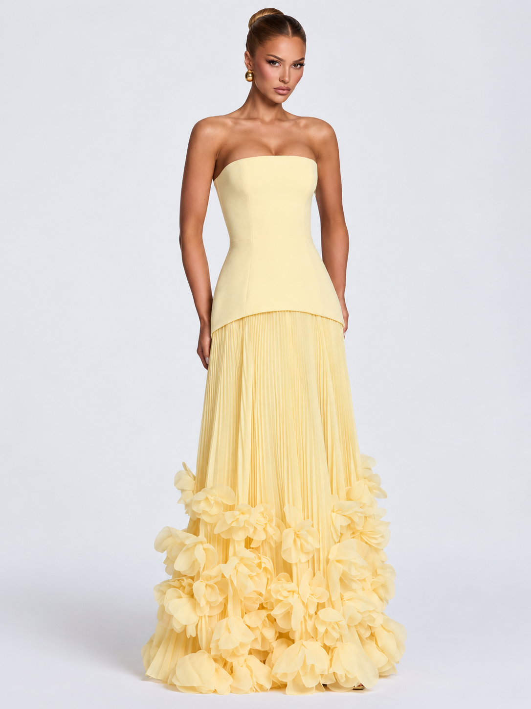 Women's Butter Yellow Strapless Evening Gown with Structured Corset-Inspired Bodice, Sculpted Waist, Voluminous Pleated Tulle Maxi Skirt & Romantic 3D Floral Appliqué Details