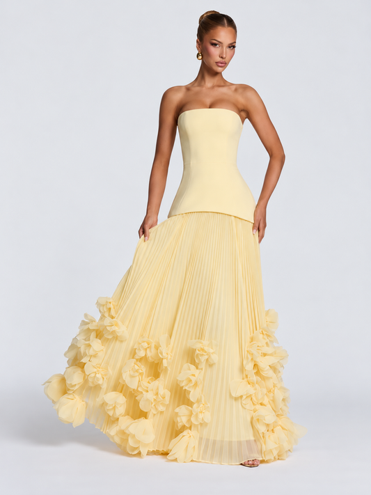Women's Butter Yellow Strapless Evening Gown with Structured Corset-Inspired Bodice, Sculpted Waist, Voluminous Pleated Tulle Maxi Skirt & Romantic 3D Floral Appliqué Details