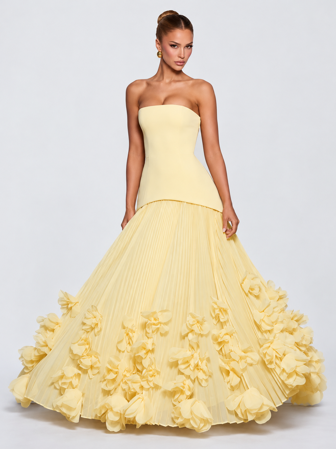 Women's Butter Yellow Strapless Evening Gown with Structured Corset-Inspired Bodice, Sculpted Waist, Voluminous Pleated Tulle Maxi Skirt & Romantic 3D Floral Appliqué Details