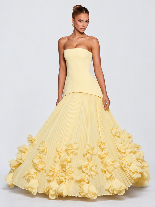 Women's Butter Yellow Strapless Evening Gown with Structured Corset-Inspired Bodice, Sculpted Waist, Voluminous Pleated Tulle Maxi Skirt & Romantic 3D Floral Appliqué Details