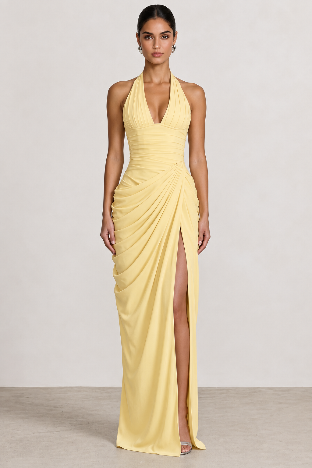 Women’s Elegant Halter Maxi Dress Deep V Neck Ruched Waist Draped Skirt Front Slit Slim Fit Floor Length Formal Evening Occasion Gown