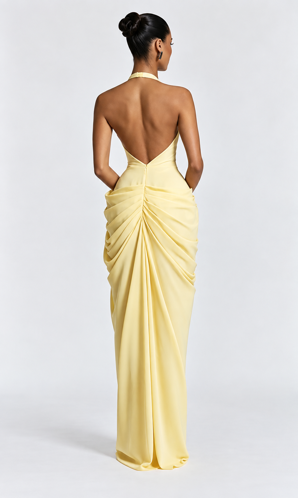 Women’s Elegant Halter Maxi Dress Deep V Neck Ruched Waist Draped Skirt Front Slit Slim Fit Floor Length Formal Evening Occasion Gown