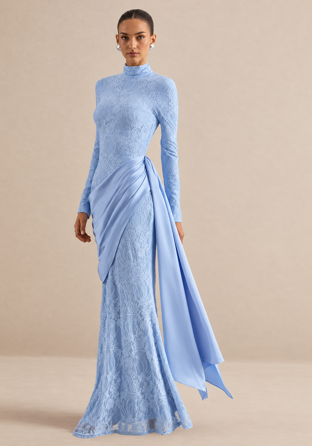 High Neck Long Sleeve Lace Splice Satin Tight Bodycon Maxi Long Casual Dress With Long Ribbon Fall 2026 Trendy Women Clothes
